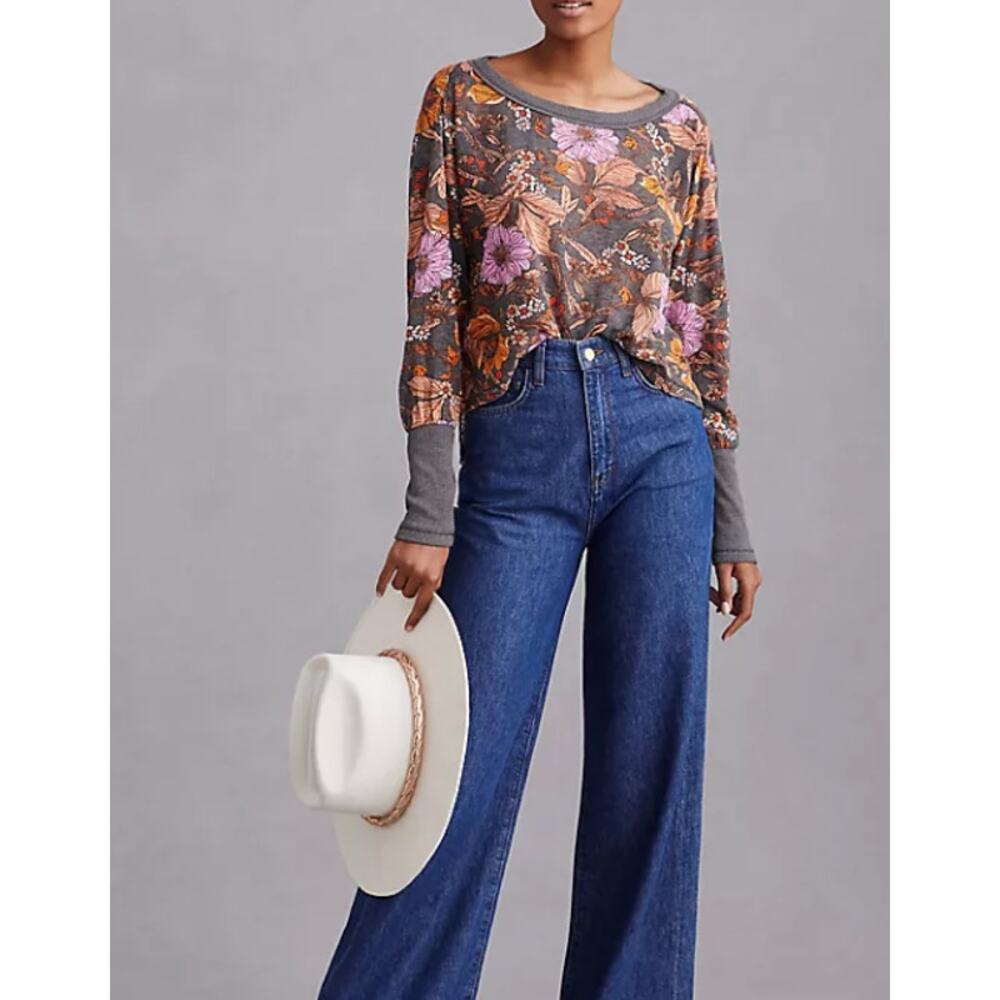Anthropologie Pilcro Floral Boxy Heritage Pullover Burnout Top XS - Picture 2 of 7